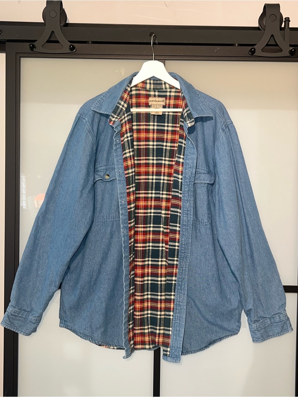 Scandia Woods Denim Plaid Lined Shacket Shirt Jacket Large Tall 90s Workwear